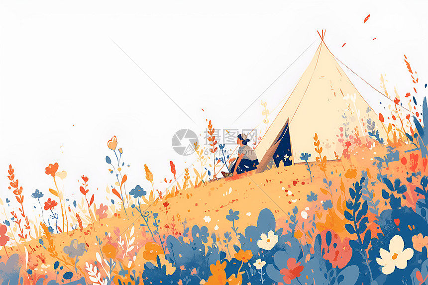 花海里的露营帐篷图片