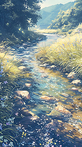 溪流旁的野花和草地图片