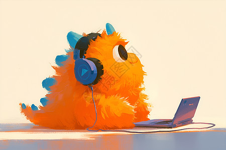 橙色动物戴着紫色耳机在电脑前图片