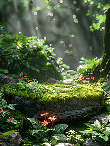森林石头绿色森林中的苔藓背景