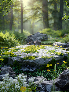 青苔森林森林石头上的苔藓背景