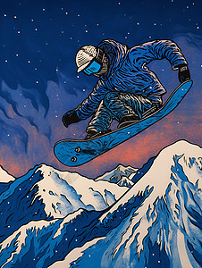 飞跃夜空的雪地滑板手图片