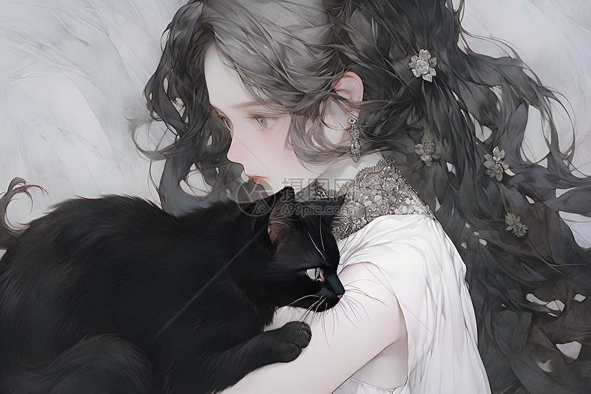 少女怀里的黑猫图片