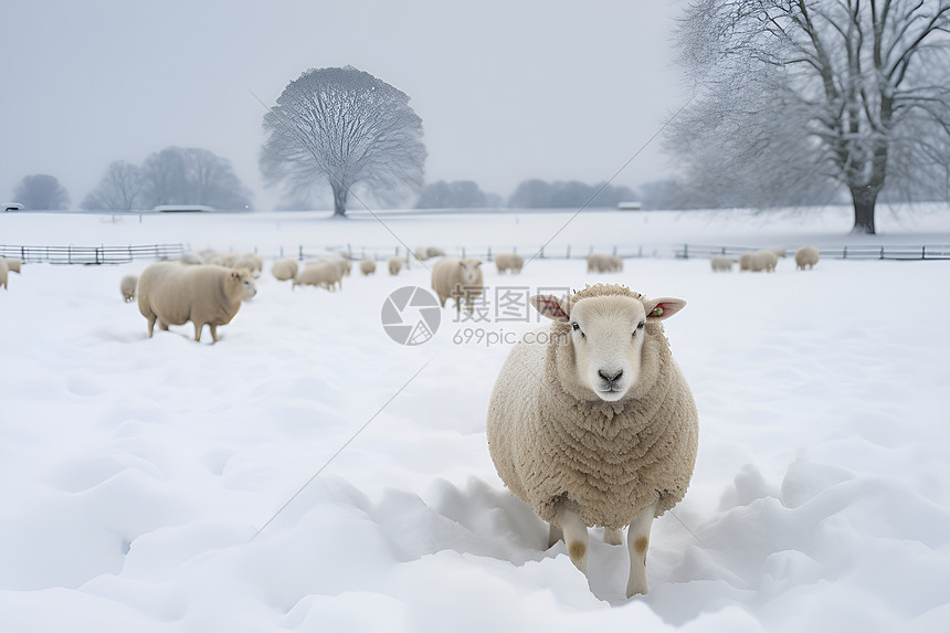 乡野飘雪和羊群图片