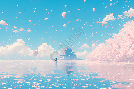 湖中的粉色樱花图片