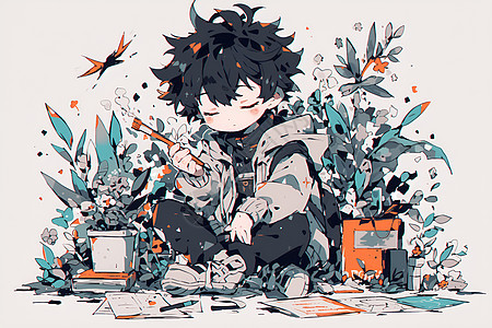 小男孩与植物图片