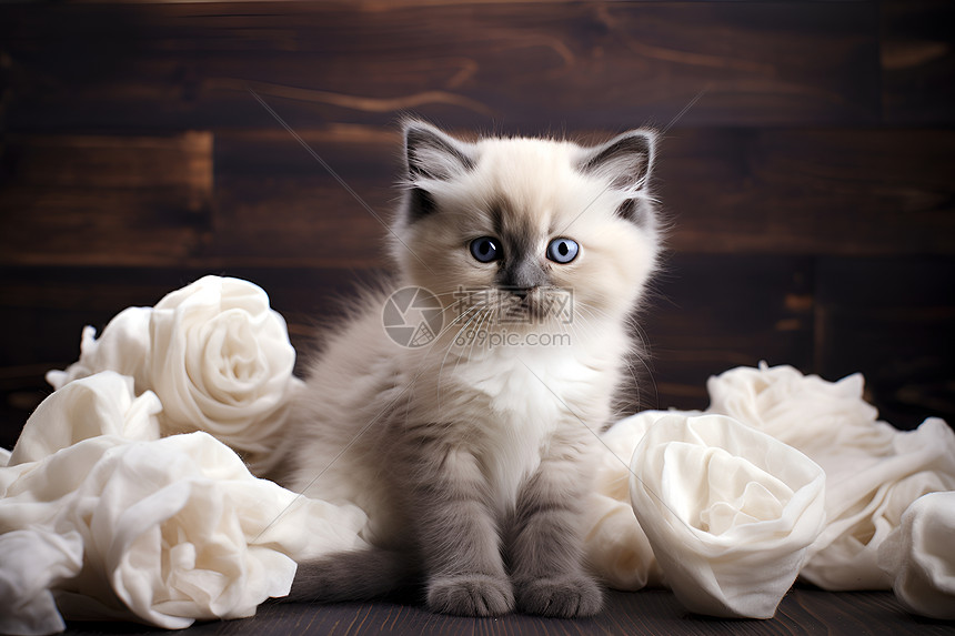 小猫与白玫瑰图片