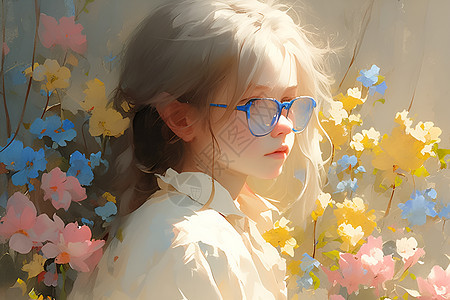 花朵背景下的小女孩图片