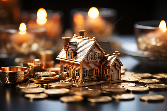 桌子上的金币和房屋模型图片
