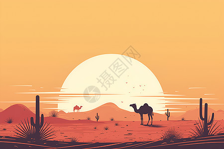 仙人掌和行走的骆驼图片