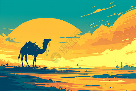 骆驼后面的巨大太阳图片