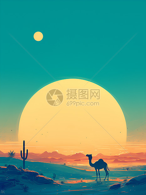 夕阳背景下的骆驼图片