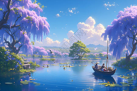 梦幻的紫藤花和湖泊图片