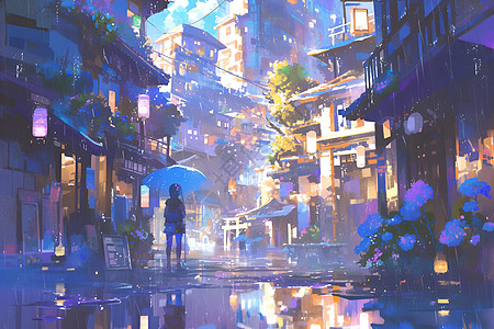 华为大楼雨后的城市插画