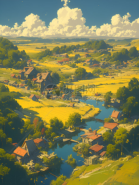 风景如画的山谷与绚丽的村庄图片