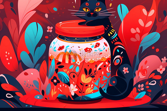 红色罐子旁的猫咪图片
