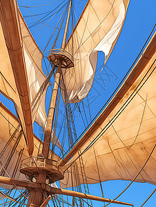 阳光照射下的木船船帆图片