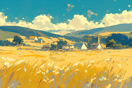 麦浪里的村庄图片