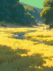 阳光下的草地河流图片