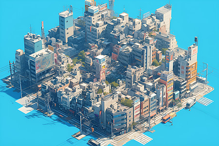 蓝天下拥挤的城市建筑图片