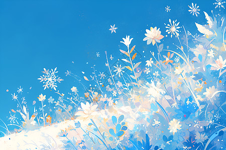 蓝色点缀雪花点缀下的花园之美插画