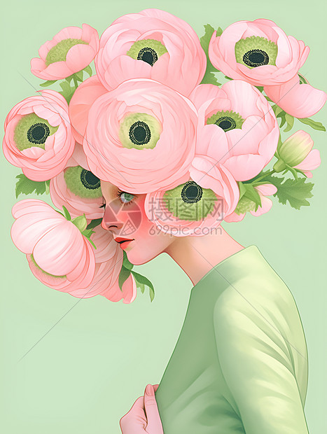 头上戴着花朵的女人图片