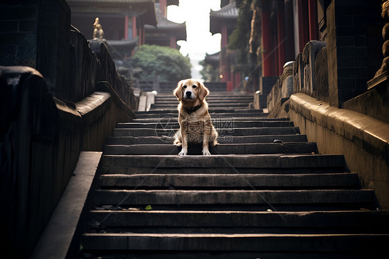 小狗坐在楼梯上图片