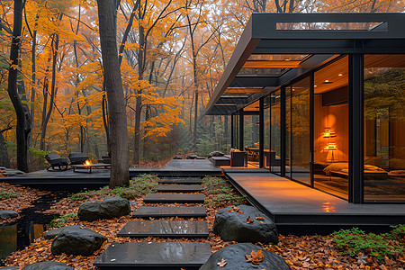 秋日树林里的房子图片