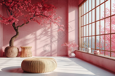 中式客厅粉色房间里的蒲团插画