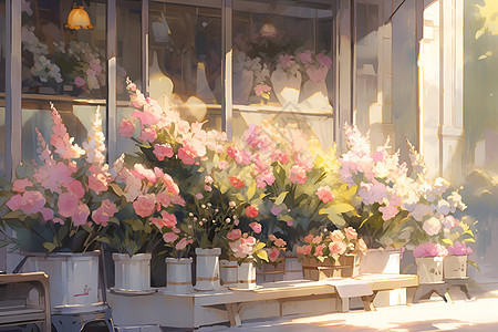 阳光照耀下的花店图片