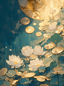 池塘中的荷花和金币背景图片