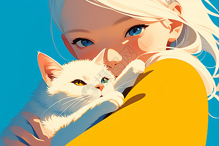 女孩抱着白猫背景图片