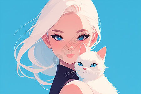 抱着小猫咪的白发女孩图片
