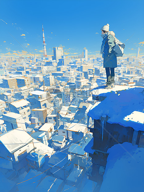 冬天城市屋顶上的人图片