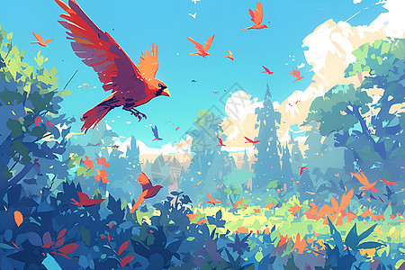 林间飞翔的红鸟背景图片