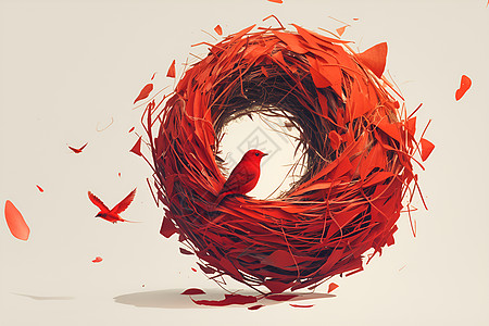 小鸟用红线编织巢穴图片