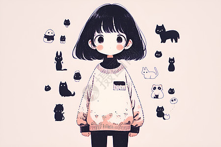 少女与猫的插图图片