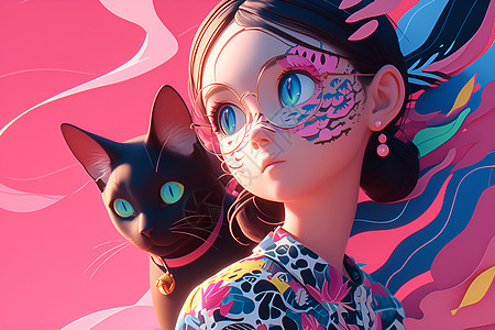 女孩与猫在粉色背景中图片
