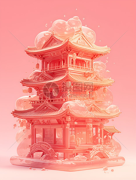 中式粉色亭子图片
