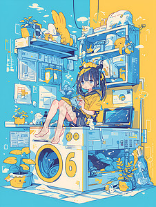 女孩坐在洗衣机上图片