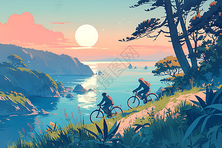 夕阳下两名骑自行车的人在海边图片
