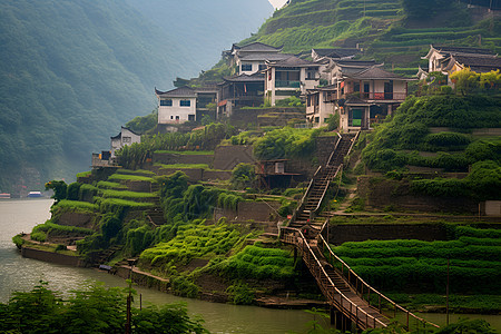 山村边的河流和跨越村庄的桥梁图片