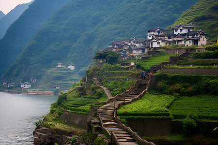 壮丽悬崖上的中国村庄图片