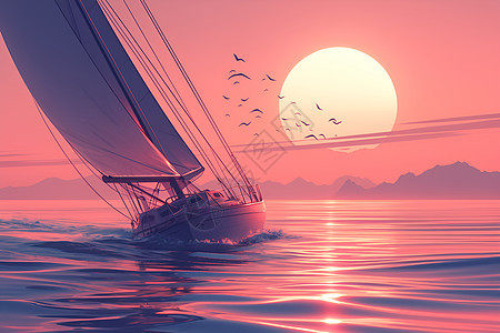 夕阳下海上的帆船图片