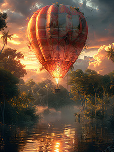 夕阳下热气球探险图片
