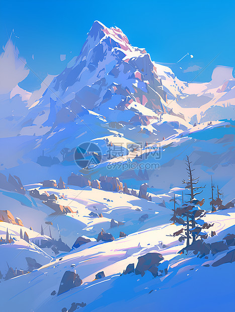 高山雪景绘画图片