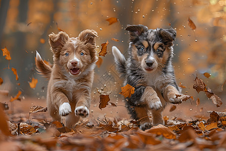 小狗在落叶中嬉戏图片