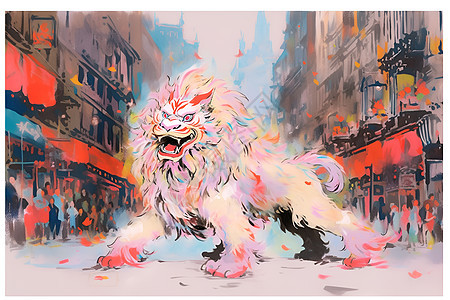街头的舞狮插画图片