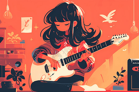 可爱卡通女孩演奏吉他图片