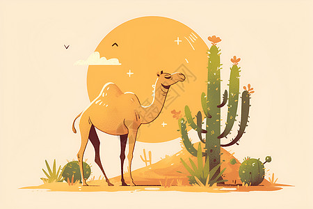 太阳前的骆驼和仙人掌图片